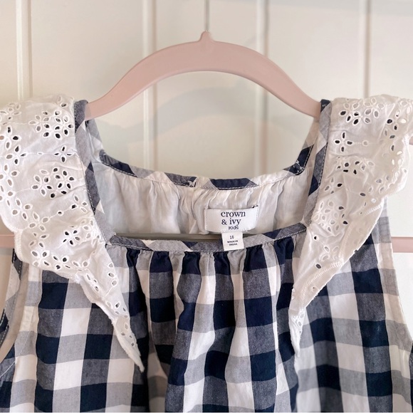 Crown & Ivy Navy Blue/White Eyelet Lace Plaid Check Cotton Dress Sz 16 in EUC - Picture 3 of 4